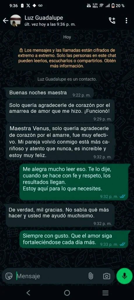 Regreso de Pareja Maestra Venus captura whatsapp